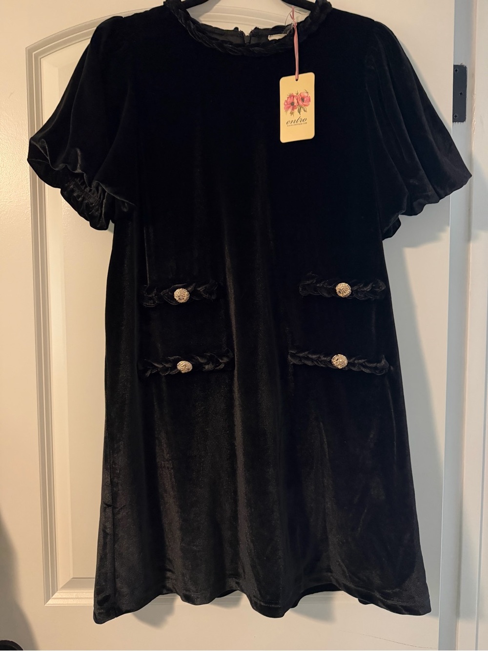 entro Black Velvet Formal Dress with Braided Trim and Gold Buttons